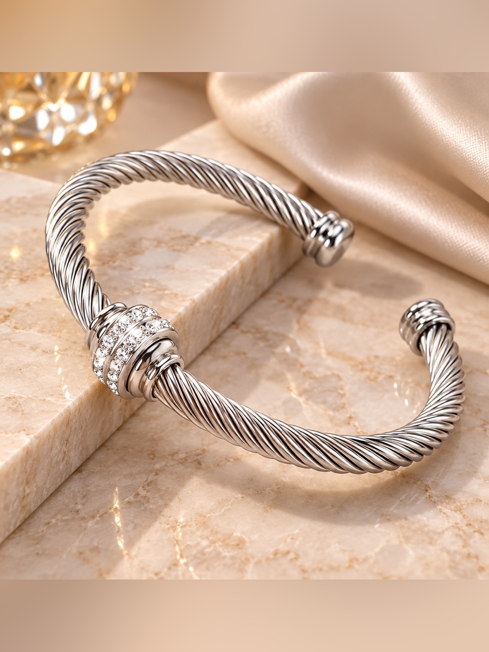 Silver Tone Twisted Cable Cuff Bracelet with Crystal Accent
